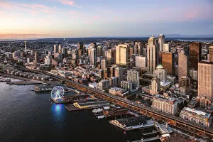 Images Dated 16th January 2018: Aerial view of Seattle downtown skyline at sunset, Seattle, Washington, USA