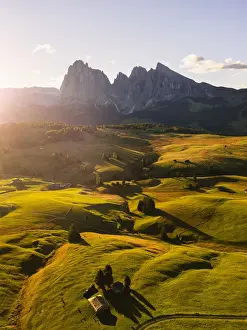 Aerial view of Seiser alm in Autumn season in Trentino Alto Adige, Italy, Europe