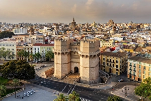 City Center Prints: Aerial view of Serranos Towers and old town, Valencia, Valencian Community, Spain