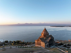 Armenia Prints: An aerial view of Sevanavank church on Lake Sevan, Armenia