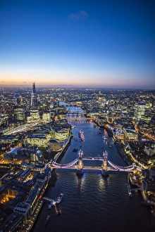 Aerial view of The Shard, River Thames, Tower Bridge and City of London, London, England