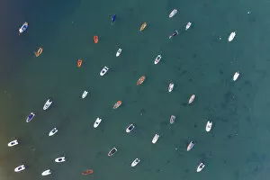 Aerial view of small boats in Salcombe Harbour, South Hams, Devon, England