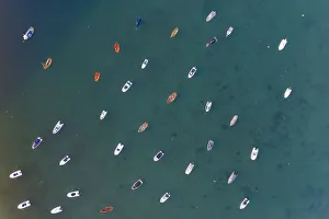 Aerial view of small boats in Salcombe Harbour, South Hams, Devon, England Aerial view of small boats in Salcombe Harbour, South Hams, Devon, England