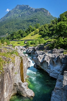 Ticino Prints: Aerial view of a small bridge over river Verzasca