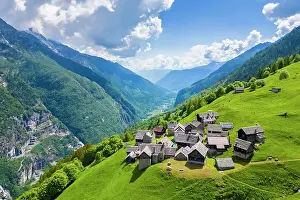 Cabins Prints: Aerial view of the small mountain walser town of Salecchio Superiore in spring