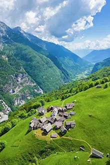 Cabins Prints: Aerial view of the small mountain walser town of Salecchio Superiore in spring