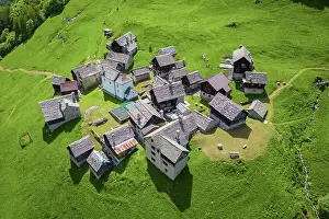 Chalet Prints: Aerial view of the small mountain walser town of Salecchio Superiore in spring