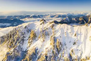 On Top Of Prints: Aerial view of snow capped Torrione del Pertusio and Monti Lariani, Lake Como