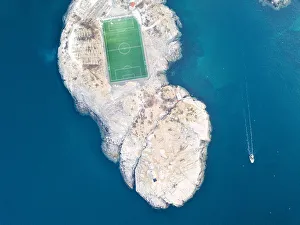 Henningsvaer Prints: Aerial view of soccer field on islet, Henningsvaer, Vagan municipality, Lofoten Islands