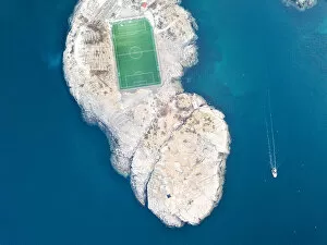 Aerial view of soccer field on islet, Henningsvaer, Vagan municipality, Lofoten Islands