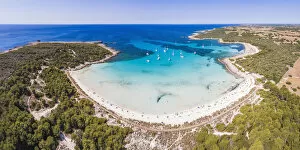 Aerial view of Son Saura beach, Menorca, Balearic Islands, Spain