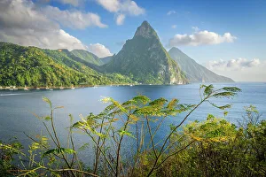 Retreat Prints: Aerial View of Soufriere Bay and the Piton Mountains, Soufriere, Saint Lucia