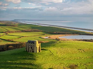 Abbotsbury Prints: Aerial view of St Catherine's Chapel and Chesil Beach