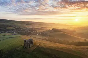 Abbotsbury Prints: Aerial view of St Catherine's Chapel and hills around Abbotsbury