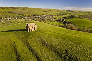 Abbotsbury Prints: Aerial view of St Catherines Chapel near the village of Abbotsbury
