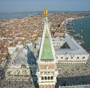 St Marks Square Gallery: Aerial view of St Marks square, Doges Palace and St Marks Basilica, Venice, Veneto, Italy, Europe