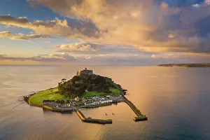 Aerial view of St Michael's Mount at dawn, Marazion, Cornwall, England. Winter (December) 2020