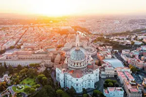 Dome Prints: Aerial view of St. Peter Basilica at sunrise. Vatican city, Rome, Lazio, Italy