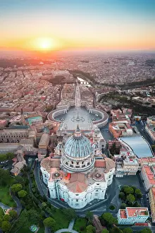 Dome Prints: Aerial view of St. Peter's Basilica at dusk. Vatican city, Rome, Lazio, Italy