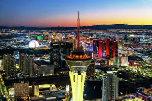 Strip Prints: Aerial View of Stratosphere Tower & Strip at Night, Las Vegas, Nevada, USA