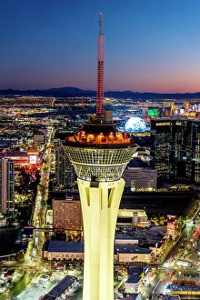 Strip Prints: Aerial View of Stratosphere Tower & Strip at Night, Las Vegas, Nevada, USA