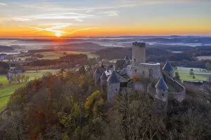 Images Dated 15th December 2021: Aerial view at the sunrise above the Nurburg, Eifel, Rhineland-Palatinate, Germany