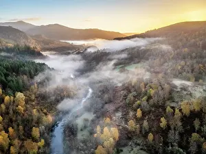 Perthshire Prints: Aerial view at sunrise down the Tummel Valley