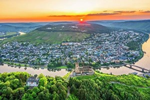 River Mosel Prints: Aerial view at the sunset above Landshut castle