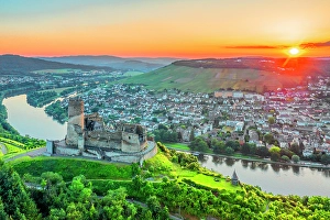 River Mosel Prints: Aerial view at the sunset above Landshut castle