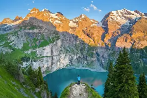 Paths Prints: Aerial view of the sunset on the mountains surrounding Oeschinensee