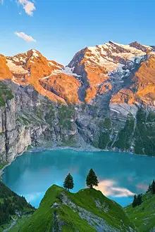 Paths Prints: Aerial view of the sunset on the mountains surrounding Oeschinensee