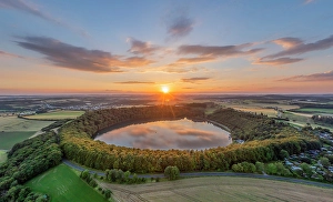 Aerial view on the sunset above the Pulvermaar, Gillenfeld, Eifel, Rhineland-Palatinate, Germany