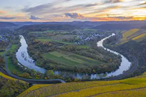 Saar Valley Prints: Aerial view on the sunset at the Saar horseshoe bend between Wiltingen and Kanzem with Altenberg vineyard