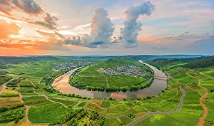 River Mosel Prints: Aerial view at the sunset at Trittenheim Mosel horseshoe bend