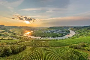 River Mosel Prints: Aerial view at the sunset at Trittenheim Mosel horseshoe bend