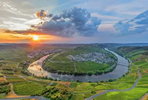 River Mosel Prints: Aerial view at the sunset at Trittenheim Mosel horseshoe bend