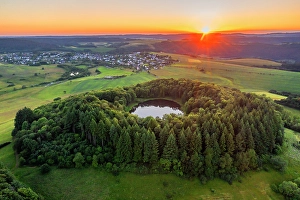 Eifel Prints: Aerial view on the sunset above Windsborn volcanic crater lake