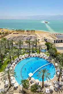 View From Above Prints: Aerial view of swimming pool of hotel near Dead Sea, Ein Bokek, Southern District, Israel