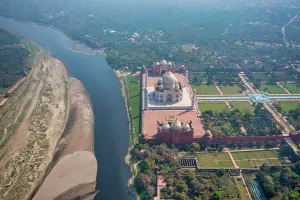 Agra Prints: Aerial view of the Taj Mahal along Yamuna river, Agra, Uttar Pradesh, India