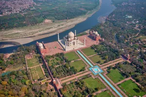 Agra Prints: Aerial view of the Taj Mahal along Yamuna river, Agra, Uttar Pradesh, India