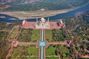 Agra Prints: Aerial view of the Taj Mahal along Yamuna river, Agra, Uttar Pradesh, India