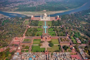 Rooftop Prints: Aerial view of the Taj Mahal along Yamuna river, Agra, Uttar Pradesh, India