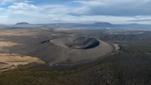 aerial view taken by drone of Hverfjall volcano during a summer day, Norduland, Mivathn, Eastern Iceland, Iceland