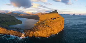 Elevated Collection: aerial view taken by drone of Sorvagsvatn during sunset, Vagar, Faroe Islands, Denmark