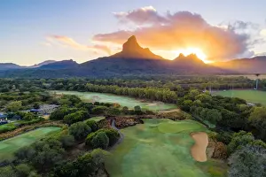 Black River Prints: Aerial view of Tamarina golf course with Rempart mountain and Trois mamelles mountain