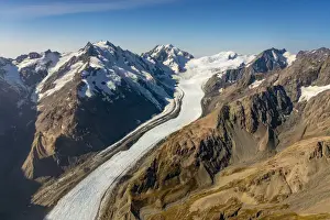 Rocky Mountain Prints: Aerial view of Tasman Glacier and mountain ranges in Aoraki / Mount Cook National Park