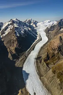Aerial view of Tasman Glacier and mountain ranges in Aoraki / Mount Cook National Park