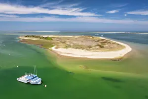 Isolated Prints: Aerial view of Tern Island with fishing boat, Cape Cod, Chatham, Massachusetts, USA