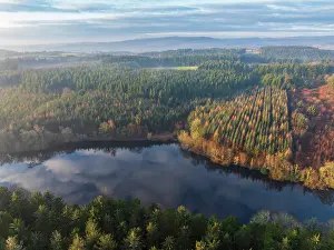February Prints: Aerial view of Tottiford Reservoir in Dartmoor National Park