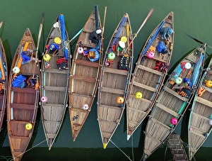 Hoi An Prints: Aerial view of tourist boats on the Thu Bon River, Hoi An, Central Vietnam